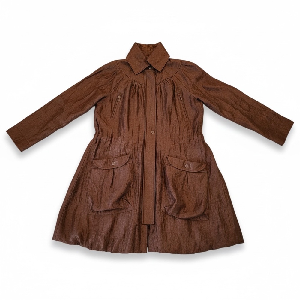 Samuel Dong Brown Shimmer Bubble Hem High Collar Small Dark Brown Outerwear Coat - Picture 5 of 17